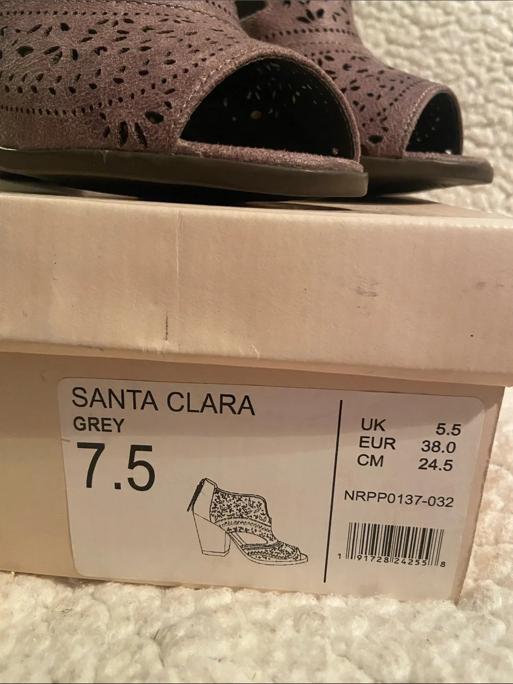 Not Rated Peep-Toe Laser-Cut Block Heel Booties in Brown/Grey - wore once